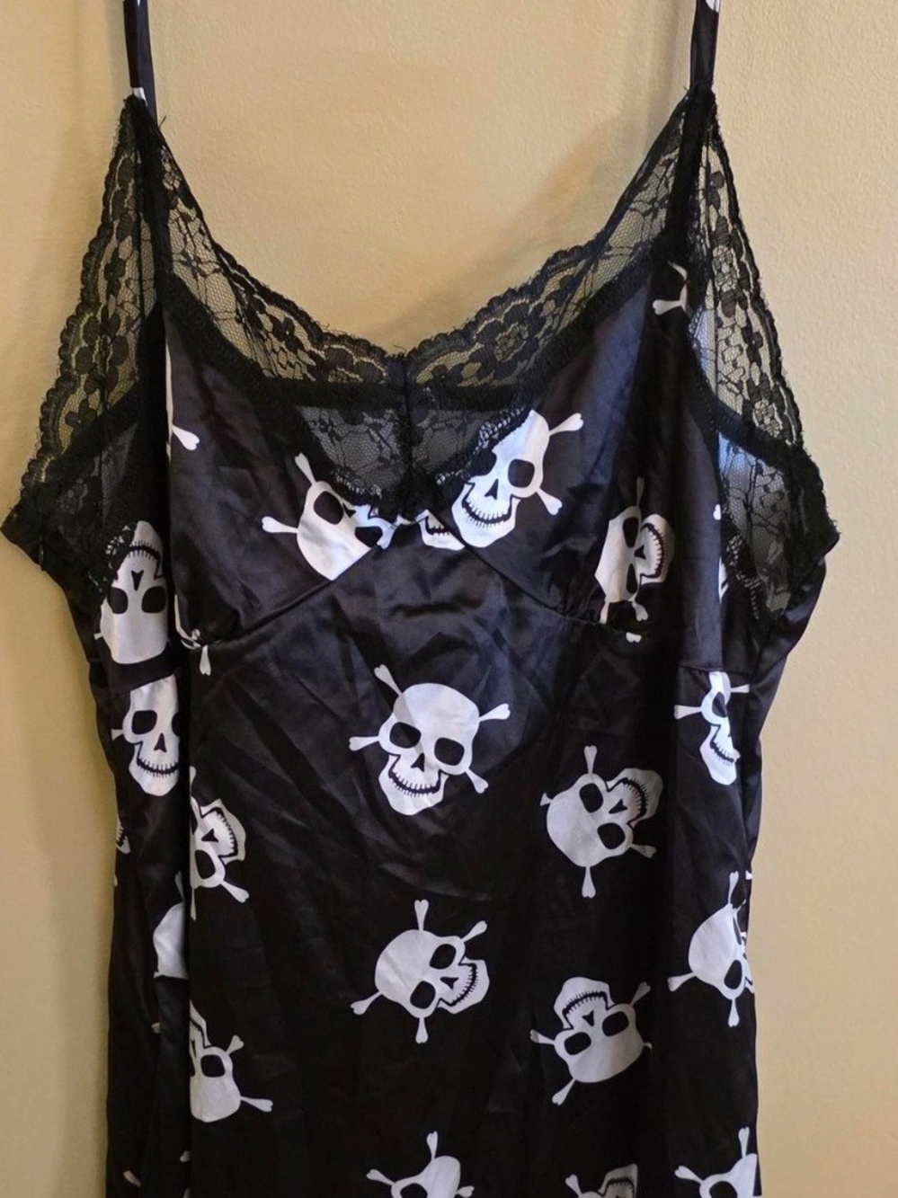 Black Slip Dress w/White Skull & Crossbones Print & Lace Trim, Adjustable Straps